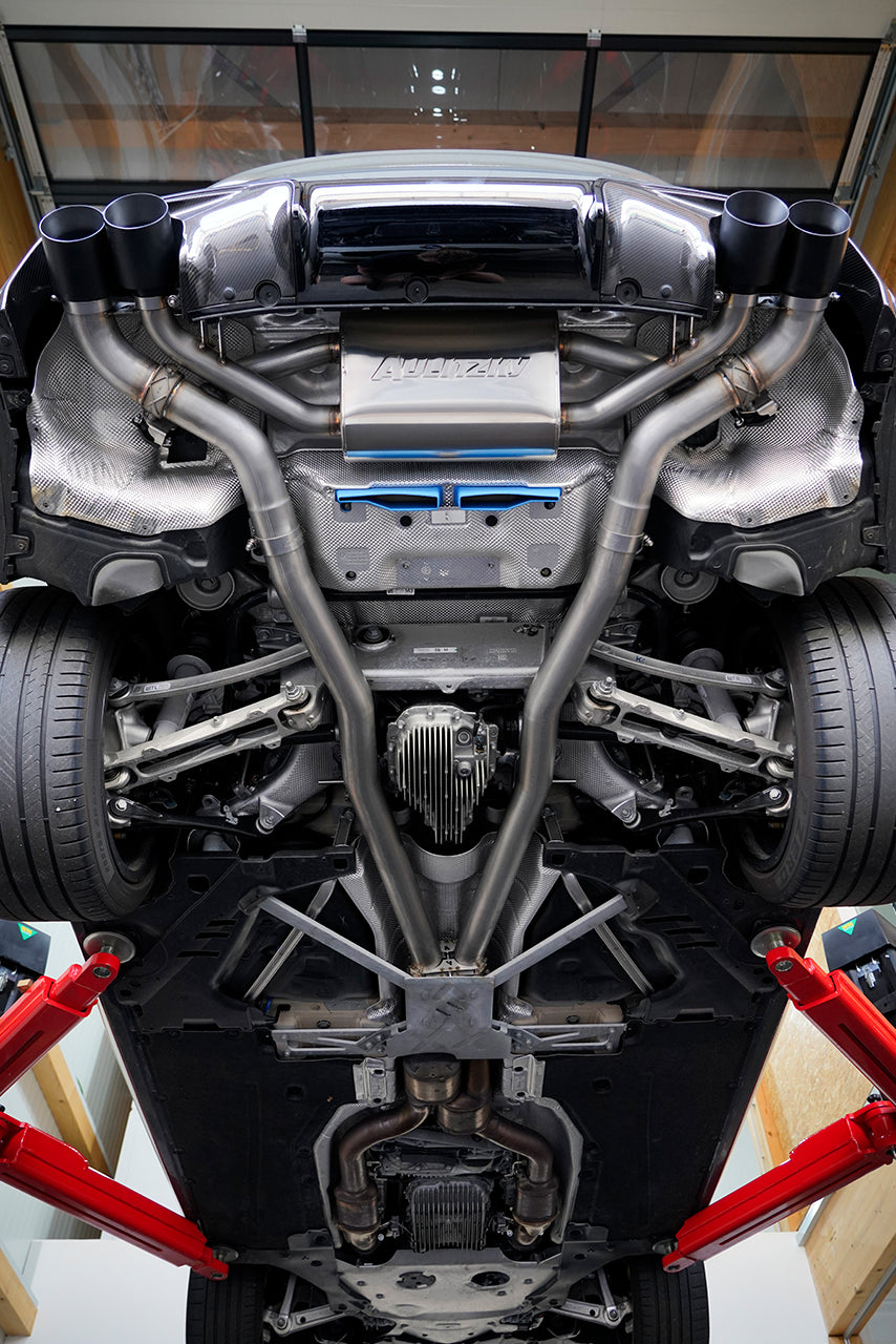 Aulitzky Exhaust | ECE Abgasanlage ab Kat/OPF mit Klappensteuerung | passend für BMW M8 inkl. Competition (F92) S63 und Gran Coupe (F93)